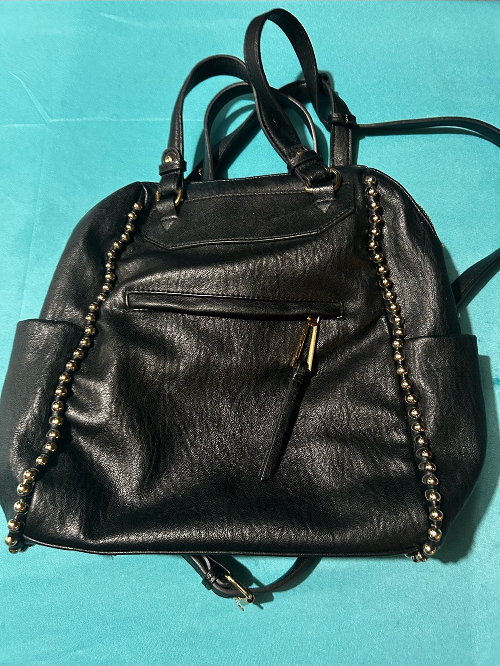 Jessica Simpson Black Leather Backpack with Gold Stud Trim great condition!